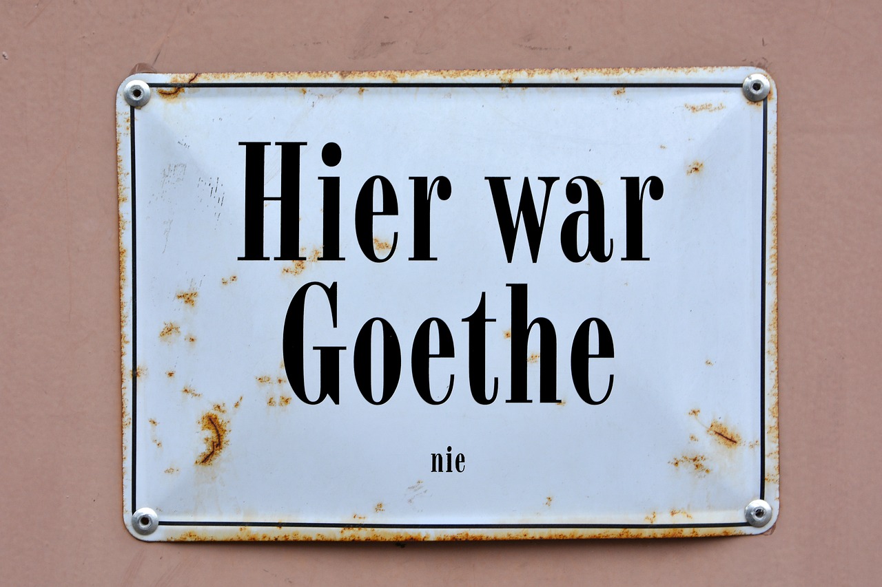 sign, enamel sign, road, city, goethe, here goethe was never, saying, statement, enamel, writing, typography, typo, word, words, irony, fun, location, sightseeing, frankfurt, hesse, germany, german, goethe, goethe, goethe, goethe, goethe